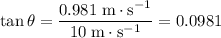 \displaystyle \tan \theta = \frac{0.981\; \rm m \cdot s^{-1}}{10\; \rm m \cdot s^{-1}} = 0.0981