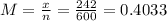 M=\frac{x}{n} =\frac{242}{600} =0.4033