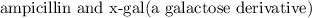\text{ampicillin and x-gal(a galactose derivative)}