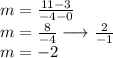 m =  \frac{11 - 3}{ - 4 - 0}  \\ m =  \frac{8}{ - 4}  \longrightarrow  \frac{2}{ - 1}  \\ m =  - 2