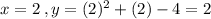 x = 2\: , y = (2)^2+(2)-4=2
