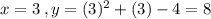 x = 3\: , y = (3)^2+(3)-4=8