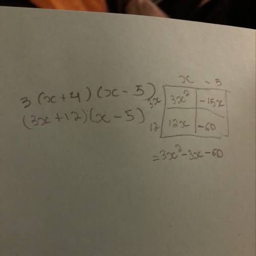 Find the product 3(x+4)(x-5) 3x^2-20x 3x^2-x-20 3x^2-11x-20 3x^2-3x-60