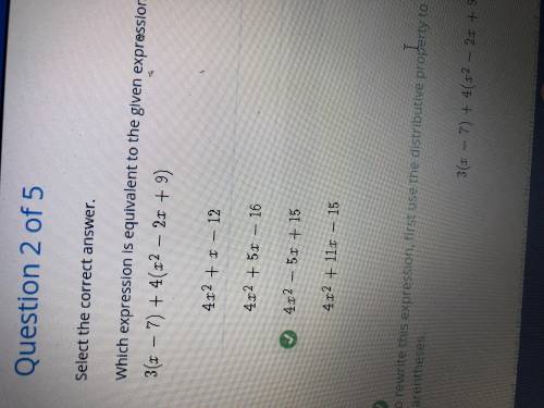 Which expression is equivalent to the given expression? 3(x-7)+4(x^2-2x+9)