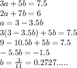 3a + 5b = 7.5 \\ 2a  + 7b = 6 \\ a = 3 - 3.5b \\ 3(3 - 3.5b) + 5b = 7.5 \\ 9 - 10.5b + 5b = 7.5 \\  - 5.5b =  - 1.5 \\ b =  \frac{3}{11}  = 0.2727.....