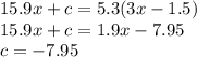 15.9x + c = 5.3(3x - 1.5) \\ 15.9x + c = 1.9x - 7.95 \\ c =  - 7.95