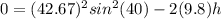 0=(42.67)^{2}sin^{2}(40)-2(9.8)h