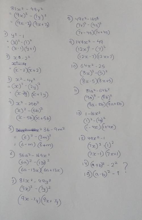 Plz help me with this asap

81x^2 − 49y^2
Factorize each completely
1. y^2 − 1
2. x^2 − 2^2
3. x^2 −