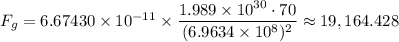 F_g=6.67430 \times 10^{-11} \times \dfrac{1.989 \times 10^{30} \cdot 70}{(6.9634 \times 10^8)^{2}} \approx 19,164.428