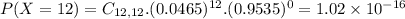 P(X = 12) = C_{12,12}.(0.0465)^{12}.(0.9535)^{0} = 1.02 \times 10^{-16}