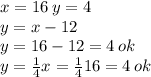 x = 16 \: y = 4 \\ y =  x - 12 \\ y = 16 - 12 = 4 \: ok \\ y =  \frac{1}{4} x =  \frac{1}{4} 16 = 4 \: ok \\