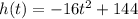 h(t) = -16t^2 + 144