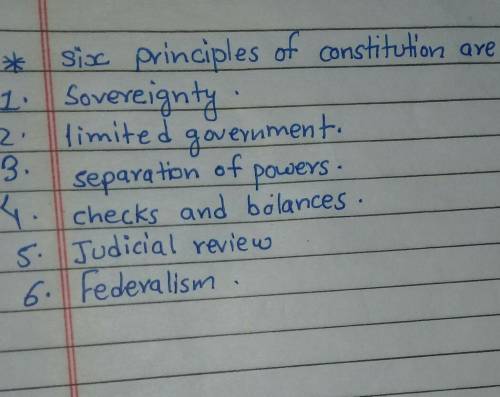 LIST the 6 principles of the Constitution THEN give a brief sentence of what they do.