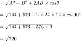 =\sqrt{A^2 + B^2 + 2AB \times cos \theta}\\\\=\sqrt{144 + 576 + 2\times 24\times 12\times cos90^{\circ}}\\\\=\sqrt{144+576+576\times 0}\\\\=\sqrt{720}
