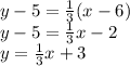 y -5 = \frac{1}{3} (x-6)\\y-5 = \frac{1}{3}x-2\\y = \frac{1}{3} x+3