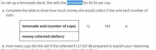 Lin set up a lemonade stand. She sells the lemonade for $0.50 per cup. how much money she would coll