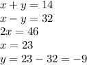 x + y = 14 \\ x - y = 32 \\ 2x = 46 \\ x = 23 \\ y = 23 - 32 =  - 9