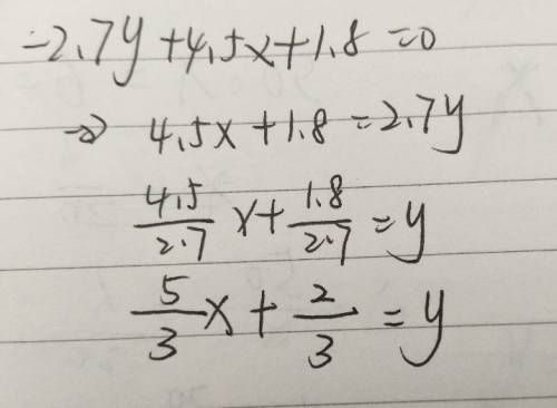 Write the equation -2.7y + 4.5x + 1.8 = 0 in simplest standard form.