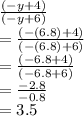 \frac{(-y+4)}{(-y+6)} \\= \frac{(-(6.8)+4)}{(-(6.8)+6)} \\= \frac{(-6.8+4)}{(-6.8+6)} \\= \frac{-2.8}{-0.8} \\=3.5