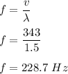 f=\dfrac{v}{\lambda}\\\\f=\dfrac{343}{1.5}\\\\f=228.7\ Hz