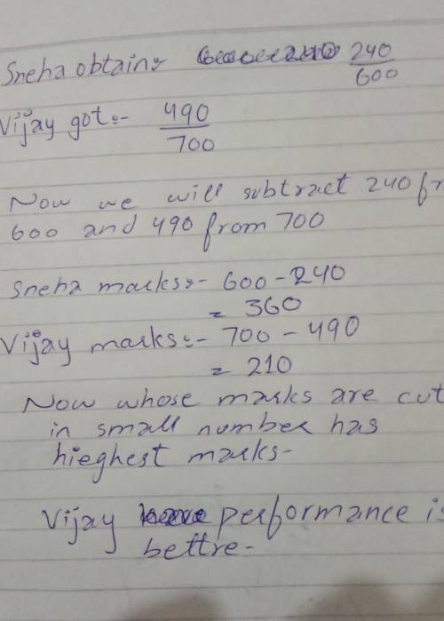 Sneha obtains 240 marks out of 600 vijay obtains 490 marks out of 700 whose performance is better​