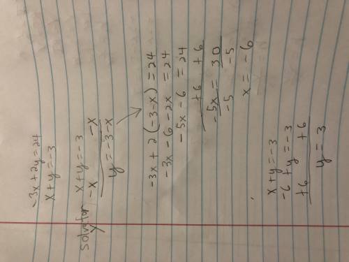 Solving systems by substitution:   -3x + 2y = 24  x + y = -3
