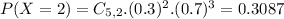 P(X = 2) = C_{5,2}.(0.3)^{2}.(0.7)^{3} = 0.3087