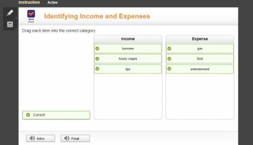 Income and expense. Drag each item into the correct category:

Bonuses gas entertainment hourly wage