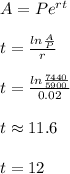A=Pe^{rt}\\ \\ t=\frac{ln\frac{A}{P}}{r}\\ \\ t=\frac{ln\frac{7440}{5900}}{0.02}\\ \\ t\approx 11.6\\ \\ t=12