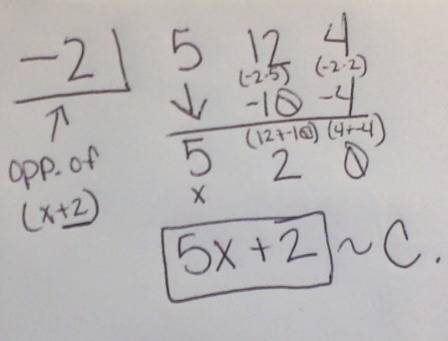 What is (5x^2+12x+4) divided by (x+2)?  a) 5x+22 b) 2x+4 c) 5x+2 d) x+2