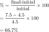 \%=\dfrac{\text{final-initial}}{\text{initial}}\times 100\\\\=\dfrac{7.5-4.5}{4.5}\times 100\\\\=66.7\%