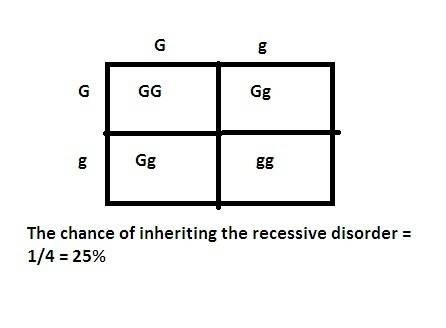 Two parents have the genotype gg for a genetic disorder cause by a recessive allele. what is the cha