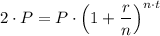 2\cdot P = P \cdot \left(1 + \dfrac{r}{n} \right)^{n\cdot t}