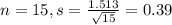 n = 15, s = \frac{1.513}{\sqrt{15}} = 0.39
