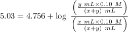 $5.03 = 4.756 + \log \ \frac{\left(\frac{y \ mL \times 0.10 \ M}{(x+y) \ mL}\right)}{\left(\frac{x \ mL \times 0.10 \ M}{(x+y) \ mL}\right)}$