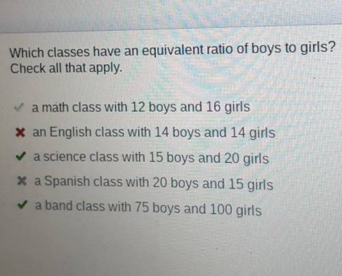 Please help!

The table shows that the ratio of boys to girls at Midtown Middle School is 3 to 4.
Wh