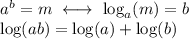a^b=m\ \longleftrightarrow \ \log_a(m)=b\\\log(ab)=\log(a)+\log(b)