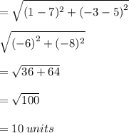 =  \sqrt{(1 - 7)^{2}  +  {( - 3 - 5)}^{2} }  \\  \\  \sqrt{ {( - 6)}^{2} + ( - 8)^{2} }  \\  \\  =  \sqrt{36 + 64}  \\  \\  =  \sqrt{100}  \\   \\  = 10 \: units