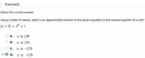 Using a table of values, what is an approximate solution of the given equation to the nearest quarte