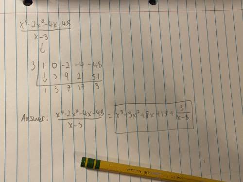 Use synthetic division to find the result when x^4-2x^2-4x-48 is divided by x-3