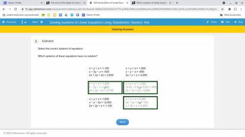 Which systems of linear equations have no solution?

x + y + z = 1,100
x - 2y - z = -500
2x + 3y + 2