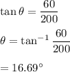 \tan\theta=\dfrac{60}{200}\\\\\theta=\tan^{-1}\dfrac{60}{200}\\\\=16.69^{\circ}