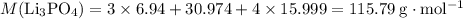 M(\rm Li_3PO_4) = 3 \times 6.94 + 30.974 + 4 \times 15.999 = 115.79\; \rm g \cdot mol^{-1}