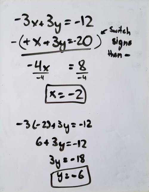 3x + 3y = -12 and -x - 3y =20 solve elimination