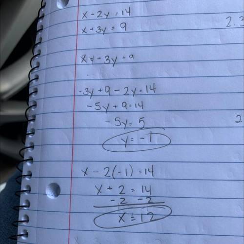 Solve the following system of equations:

x - 2y = 14
x + 3y = 9
(12, 1)
(-1,-12)
(12,-1)
(1,12)