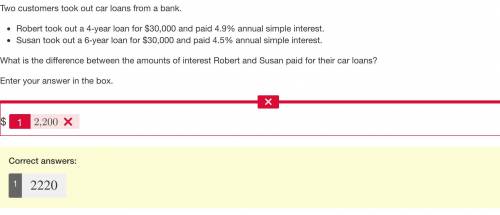 Two customers took out car loans from a bank.

Robert took out a 4-year loan for $30,000 and paid 4.