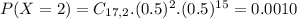 P(X = 2) = C_{17,2}.(0.5)^{2}.(0.5)^{15} = 0.0010
