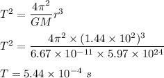 T^2=\dfrac{4\pi^2}{GM}r^3\\\\T^2=\dfrac{4\pi^2\times (1.44\times 10^2)^3}{6.67\times 10^{-11}\times 5.97\times 10^{24}}\\\\T=5.44\times 10^{-4}\ s