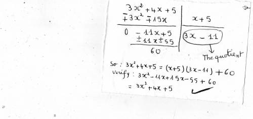 What is the quotient?  x+5 divided by 3x2+4x+5