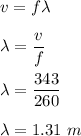 v=f\lambda\\\\\lambda=\dfrac{v}{f}\\\\\lambda=\dfrac{343}{260}\\\\\lambda=1.31\ m